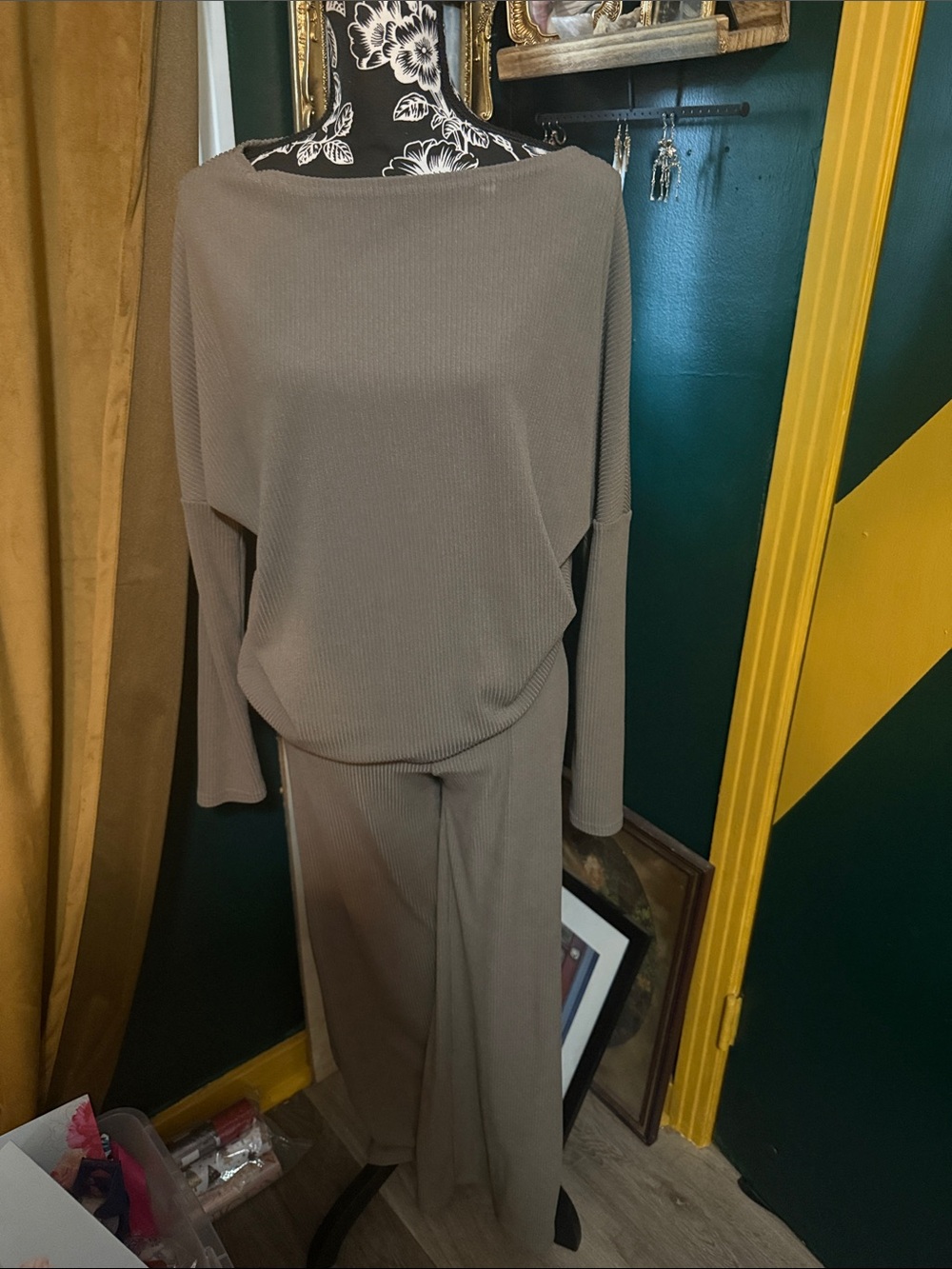 Relaxed Ribbed Wide-Leg Jumpsuit in Taupe